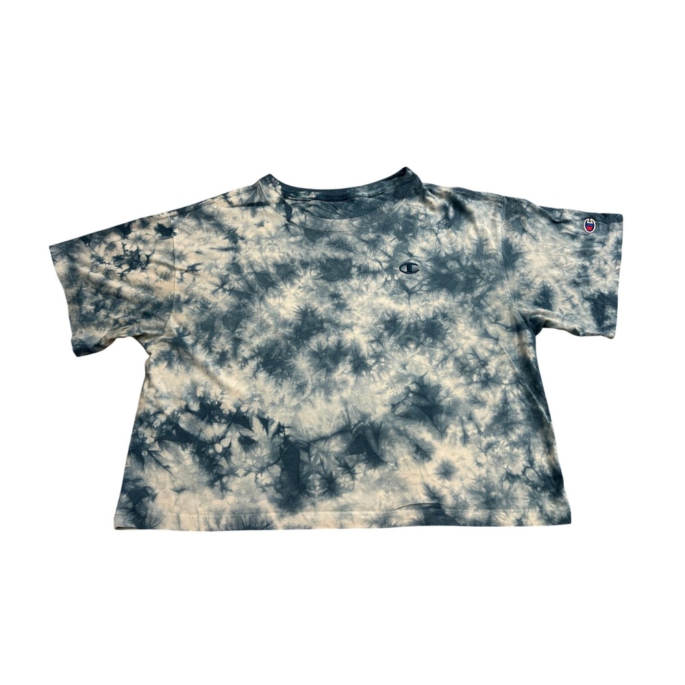 Champion Cropped T-Shirt Womens L Blue Tie Dye Excellent‎ Short Sleeve Boxy Tee